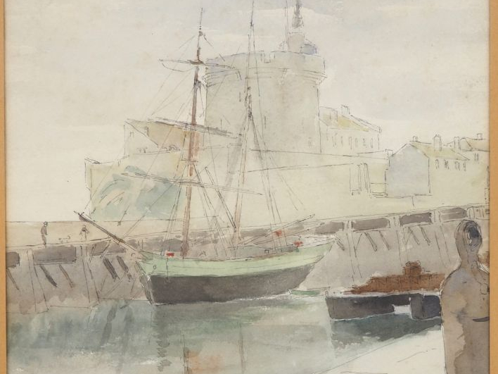 Ecole française début XXème. "Le port de Socoa" Aquarelle, signée et s
