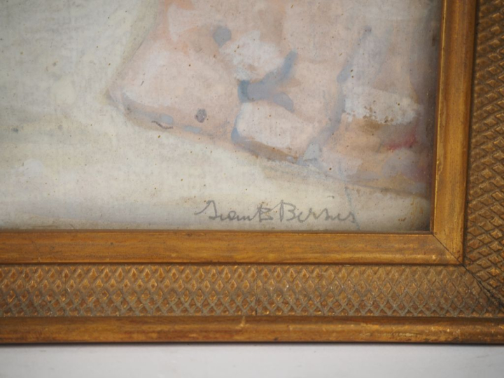 Ecole orientaliste.  "vue animée de Bou Saada" Gouache, signée en bas 
