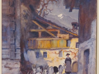 Vente aux enchères Ecole française XXème.  "troupeau de chèvres et bergère"  Aquarelle Di