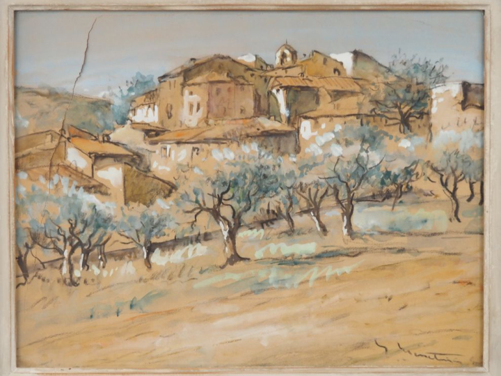 Ecole catalane XXème.  "village de la campagne catalane" Gouache sur p