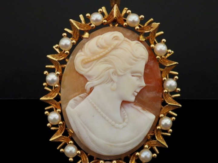 Broche/pendentif de forme ovale en or jaune 750, serti en son centre d