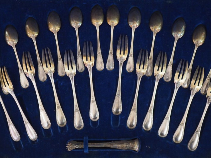 Service à thé de style Louis XVI en argent et vermeil 925, poinçon Min