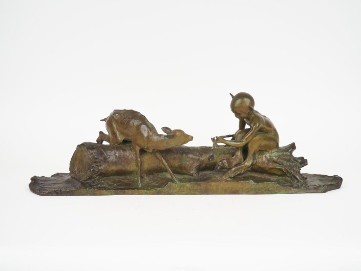 ARY BITTER. "la biche et le petit faune". Groupe en bronze à patine ve