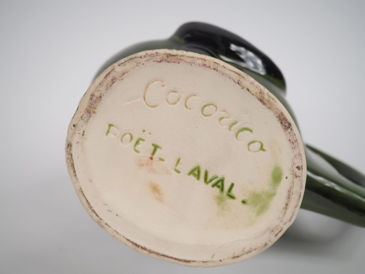 POET-LAVAL.  Pichet trompeur "Cocorico" en céramique polychrome.  Sign