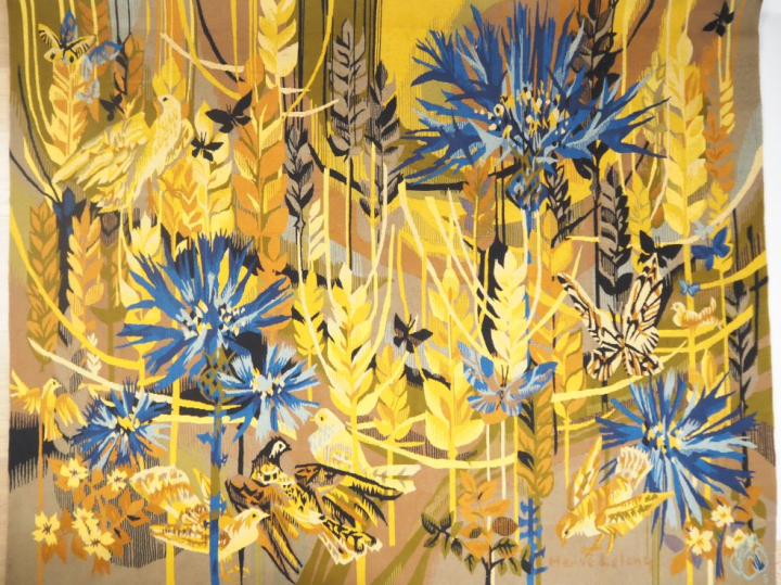 Hervé LELONG. "Blé, chardons bleus et oiseaux" Tapisserie signée en ba