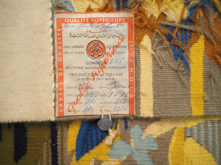 Hervé LELONG. "Blé, chardons bleus et oiseaux" Tapisserie signée en ba