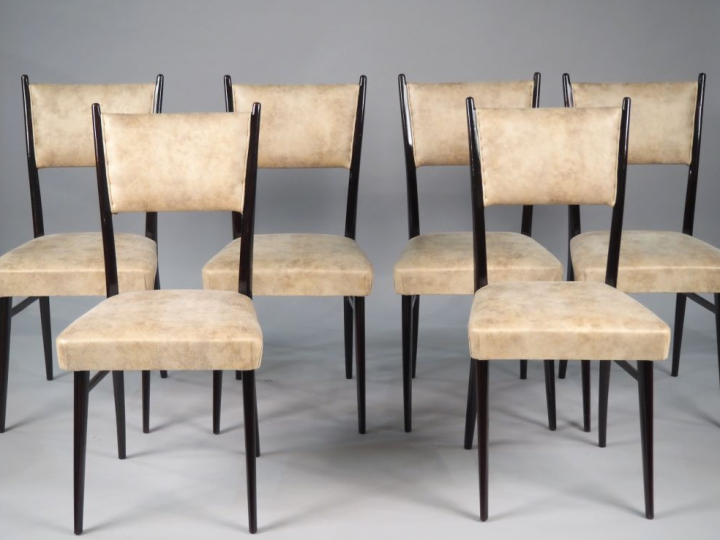 6 chaises de salle à manger de style 1950 en bois verni et tissu beige