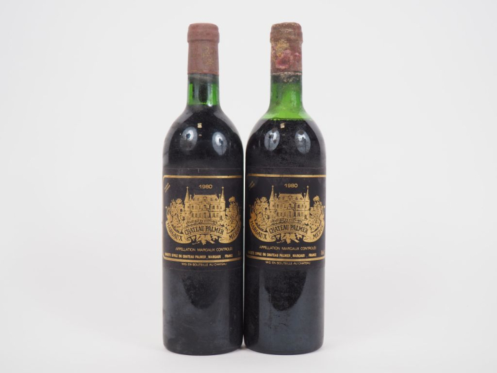 2 BOUTEILLES CHÂTEAU PALMER GCC MARGAUX - 1980 - 1 HEP/CAPS CORRODÉE