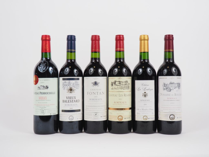 6 BOUTEILLES BORDEAUX : 1 CHÂTEAU PIERROUSSELLES 2001 /1 CHÂTEAU VIEUX