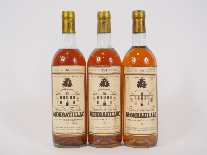3 BOUTEILLES CHÂTEAU DE LA FONVIEILLE MONBAZILLAC - 1966 - 1 BG/2 LB