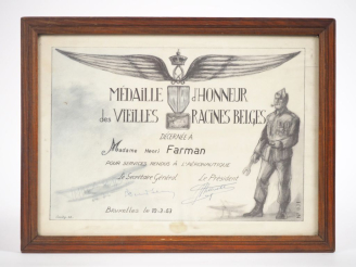 Vente aux enchères Diplôme décerné à Madame Henri Farman "médaille d'honneur des vieilles