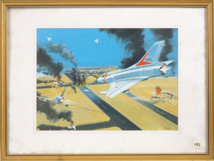 ROLK.  "l'attaque des mirages israeliens"  Gouache, signée en bas à dr