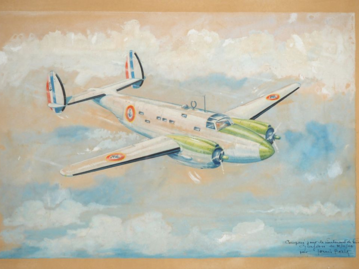 Louis PETIT. "appareil de l'aéronaval en vol" Aquarelle gouachée signé