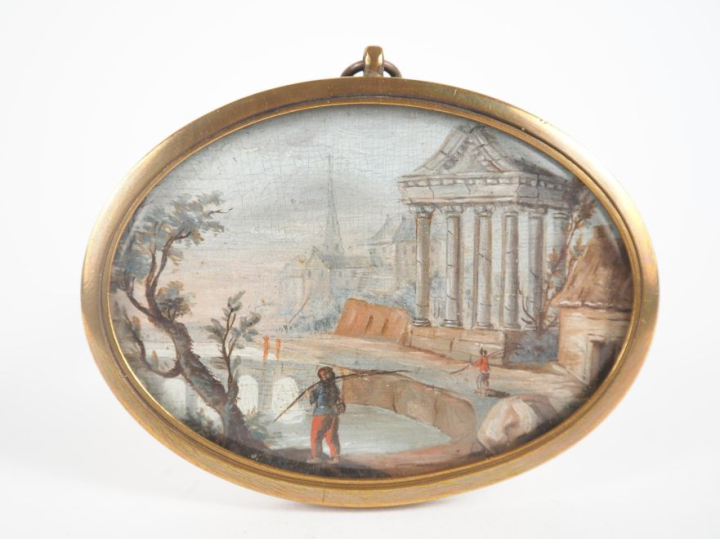 Miniature début XIXème, "personnages pêchant près d'un temple à l'anti