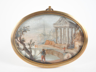 Vente aux enchères Miniature début XIXème, "personnages pêchant près d'un temple à l'anti