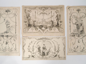Vente aux enchères 10 gravures en noir d'après Watteau. Dim. 46 x 23,5 cm. Dim. 29 x 40 c