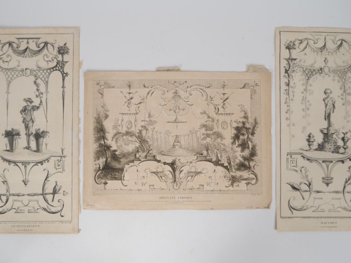 10 gravures en noir d'après Watteau. Dim. 46 x 23,5 cm. Dim. 29 x 40 c