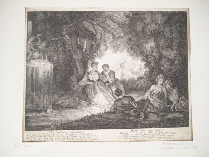 10 gravures en noir d'après Watteau. Dim. 46 x 23,5 cm. Dim. 29 x 40 c