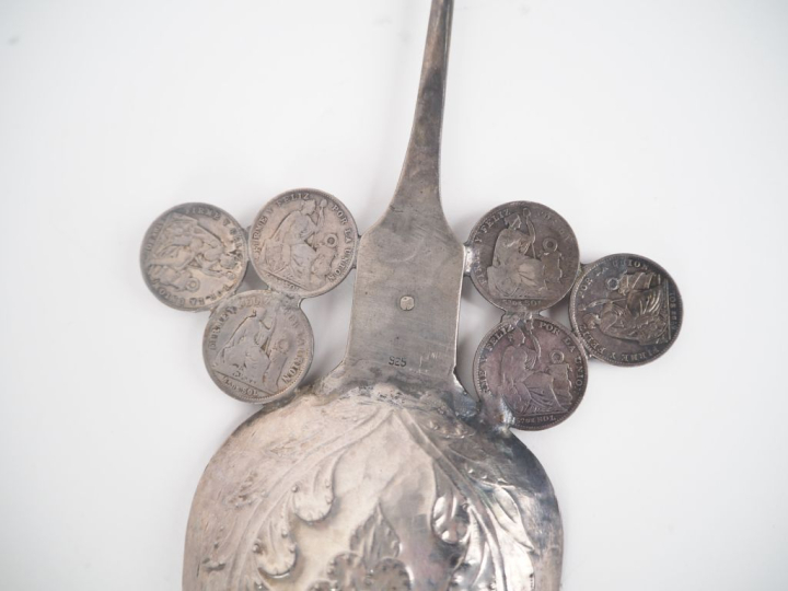 Cuillère décorative péruvienne en argent 925, ornée d'un cabochon en v