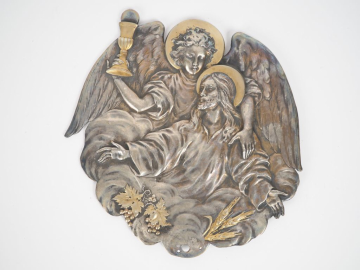 Plaque 1900 en métal argenté et doré, "le Christ et l'enfant Jésus ten