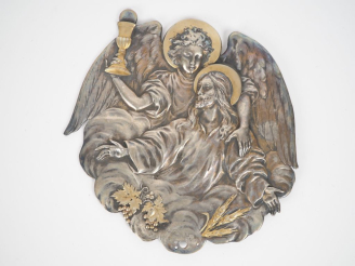 Vente aux enchères Plaque 1900 en métal argenté et doré, "le Christ et l'enfant Jésus ten