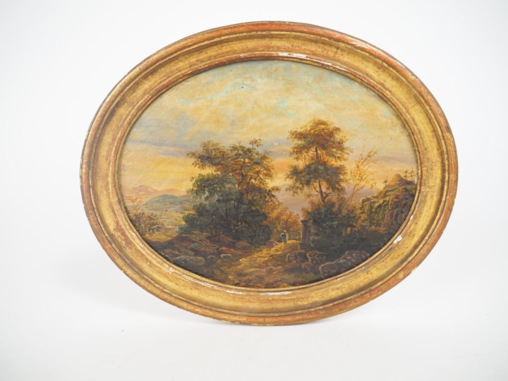 Tableautin fin XIXème - début Xxème. "Paysage montagneux". Huile sur b