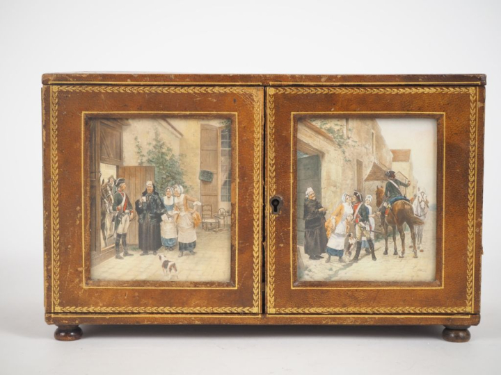 Boîte à bijoux Napoléon III de style Empire en bois gainé de cuir, à d