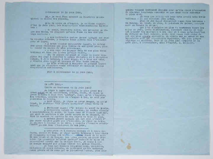 BOUSQUET (Joë). TESTAMENT TAPUSCRIT. Deux feuillets (295 X 210 mm) pap