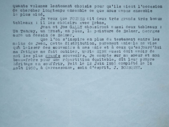 BOUSQUET (Joë). TESTAMENT TAPUSCRIT. Deux feuillets (295 X 210 mm) pap