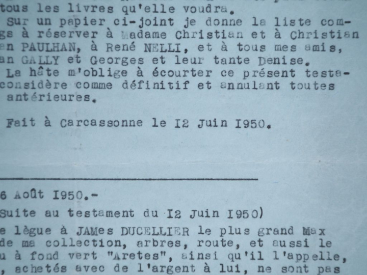 BOUSQUET (Joë). TESTAMENT TAPUSCRIT. Deux feuillets (295 X 210 mm) pap