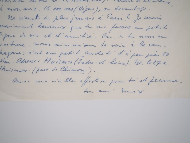 ERNST (M.). LETTRE AUTOGRAPHE signée adressée à James Ducellier. Une p