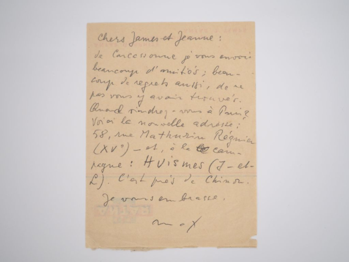 ERNST (M.). MOT AUTOGRAPHE signé adressé aux Ducellier. Un fragment de