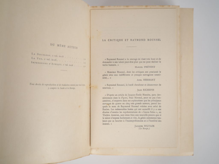 ROUSSEL (Raymond). LOCUS SOLUS. P., Lemerre, 1914. In-8 broché. Quelqu