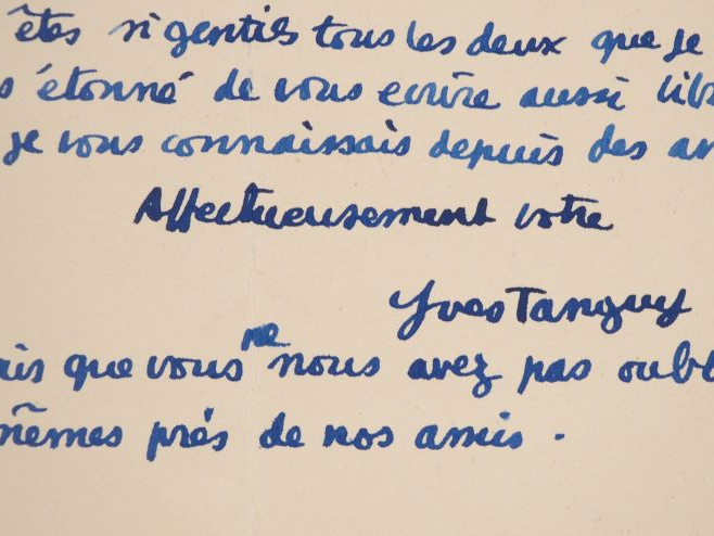 TANGUY (Yves). LETTRE AUTOGRAPHE signée adressée au couple Ducellier. 