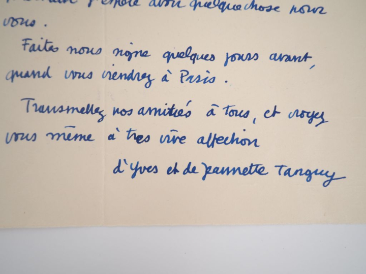 TANGUY (Yves). LETTRE AUTOGRAPHE signée adressée au couple Ducellier. 