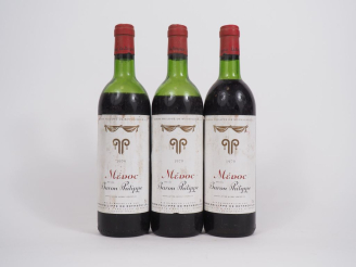 Vente aux enchères 3 BOUTEILLES BARON PHILIPPE DE ROTHSCHILD MÉDOC 1979 - 1 LB/2 VIDANGE