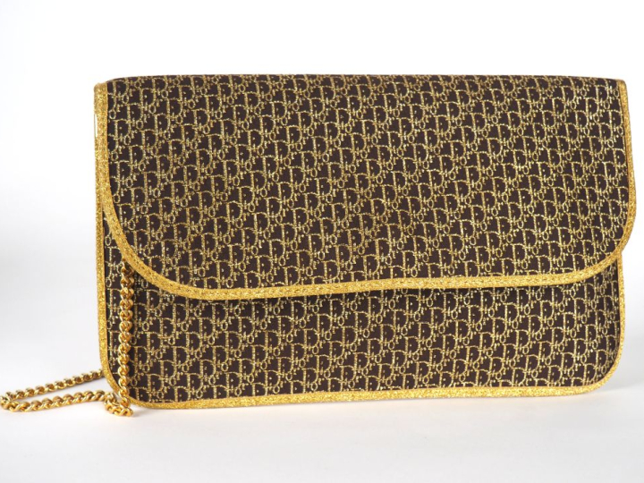 Christian DIOR Pochette en toile marron et doré vintage, monogrammé du