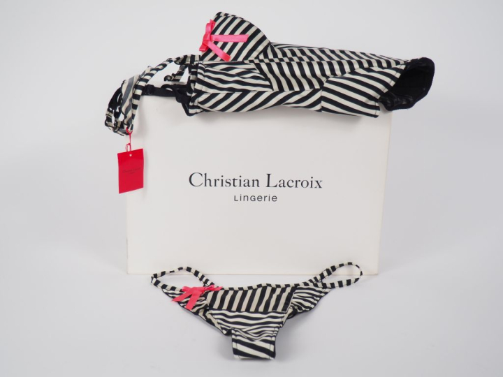 Christian LACROIX, Lingerie Ensemble bustier string rayé noir et crème