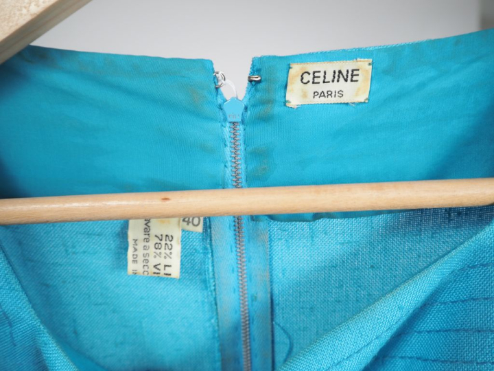 CELINE, Paris Robe bleu turquoise mi-longue en lin (22%) et viscose (7