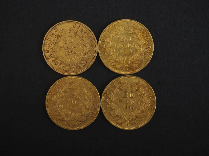 Quatre pièces de 20 Francs or, 1854-A (x2), 1855-A et 1856-A.  FRAIS A