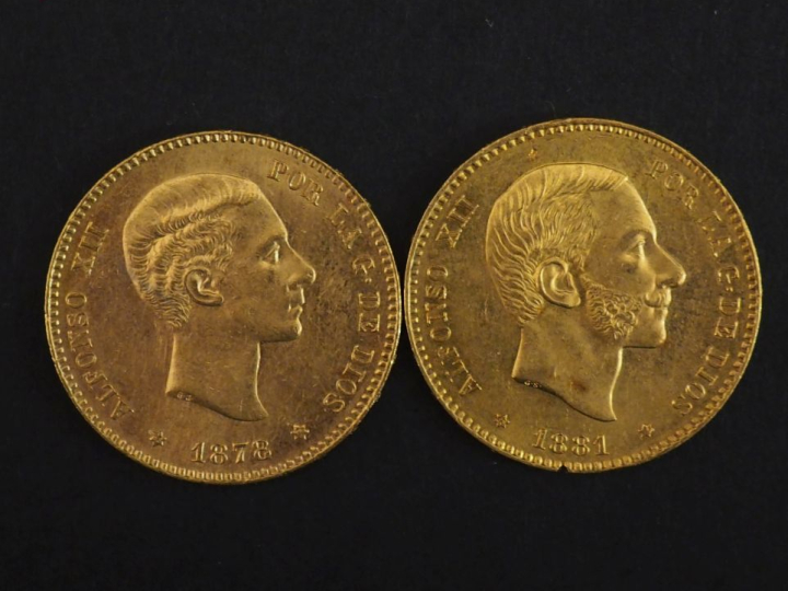 Deux pièces de 25 Pesetas or, 1878 et 1881.  FRAIS ACHETEURS 10% HT.  