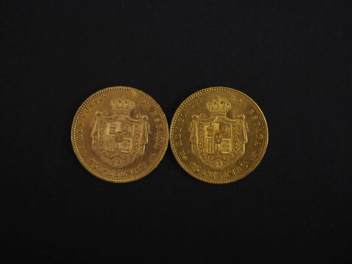 Deux pièces de 25 Pesetas or, 1878 et 1881.  FRAIS ACHETEURS 10% HT.  