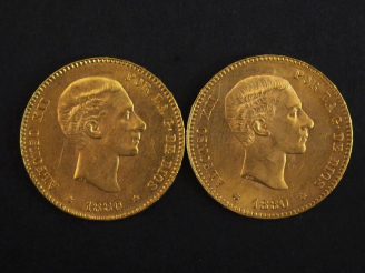 Vente aux enchères Deux pièces de 25 Pesetas or, 1880.  FRAIS ACHETEURS 10% HT.   