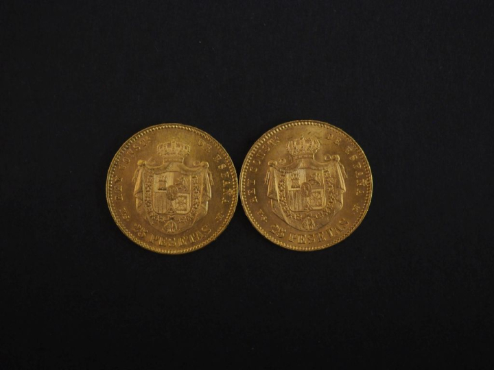 Deux pièces de 25 Pesetas or, 1880.  FRAIS ACHETEURS 10% HT.   