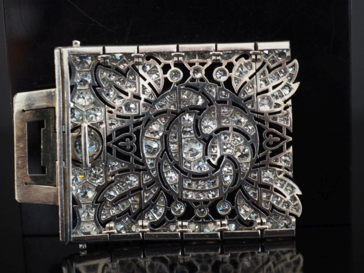 Elément de fermoir de bracelet Art déco en or blanc 750, serti de diam