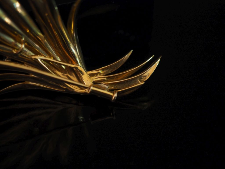 Broche en or jaune 750 en forme de branchage stylisé et agrémentée de 