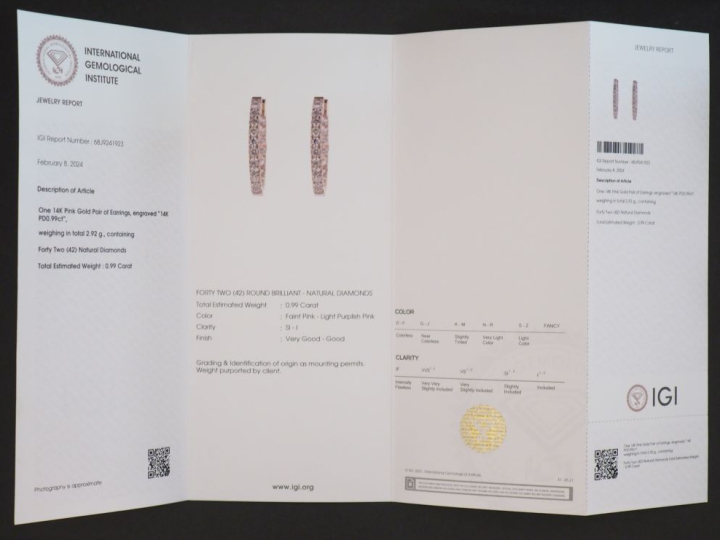 Paire de créoles en or 585, serties de petits diamants roses.  1,6 x 2