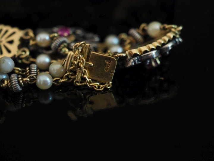 Bracelet souple en or jaune 750 et argent, composé de maillons rectang