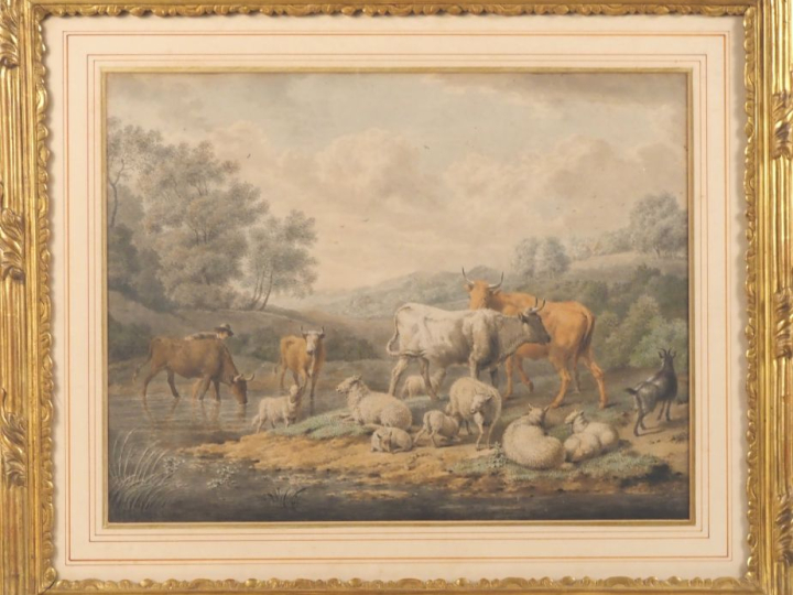 Ecole du Nord vers 1800. "Troupeau près d'un lac". Dessin aquarellé si