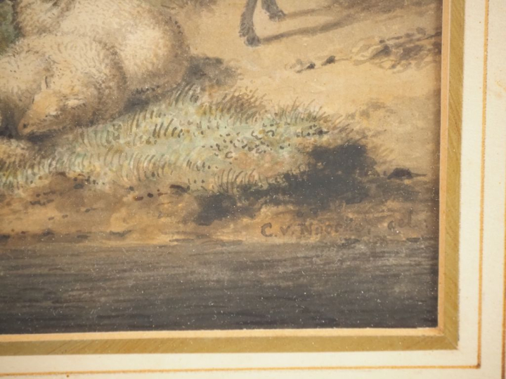 Ecole du Nord vers 1800. "Troupeau près d'un lac". Dessin aquarellé si